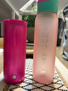 Starbucks Pink Frosted Bottle with Teal Cap and Hot Pink Travel Mug